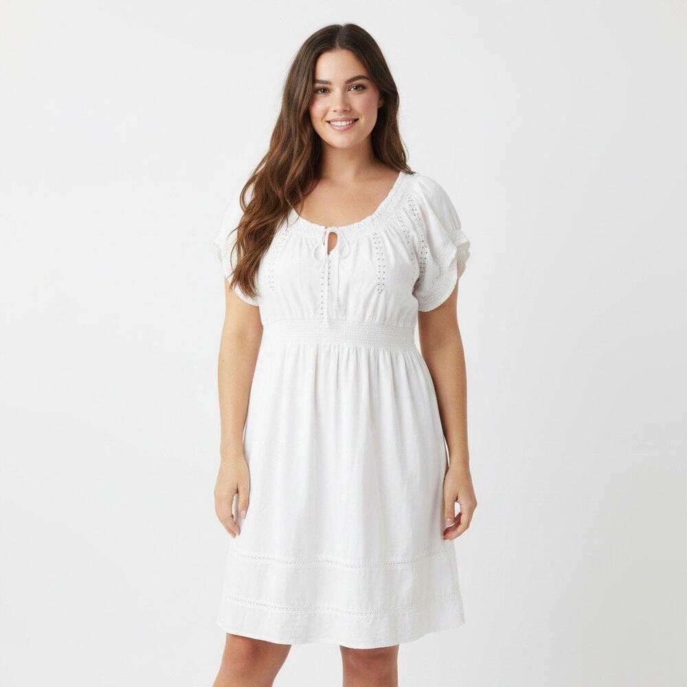 Lane Bryant White Cotton Peasant Midi Dress Smocked Cottagecore Boho 18/20 Beach
